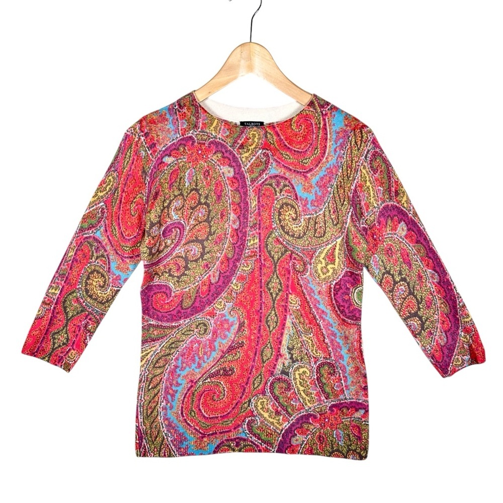 TALBOTS 100% Cashmere Paisley Printed 3/4 Sleeve Sweater - Picture 9 of 9